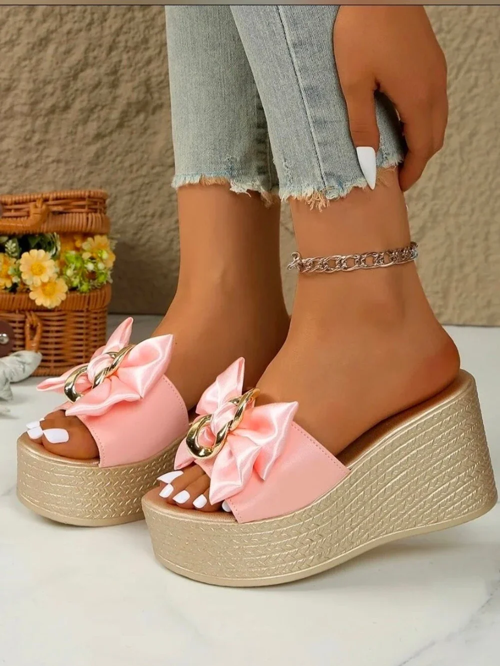 Gold Chain Oversized Bow Platform Open Toe Shoes Slip On Coquette Sandals Pink